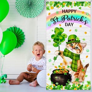 Happy St. Patrick's Day Door Cover Cute Cat Door Decoration Kitty with Green Hat Scarf Clover Shamrock Spring Door Banners Saint Patrick's Day Party Decors Irish Day Outdoor Party Backdrop for House