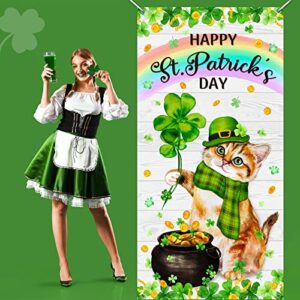 Happy St. Patrick's Day Door Cover Cute Cat Door Decoration Kitty with Green Hat Scarf Clover Shamrock Spring Door Banners Saint Patrick's Day Party Decors Irish Day Outdoor Party Backdrop for House