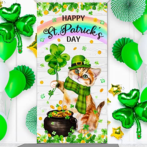 Happy St. Patrick's Day Door Cover Cute Cat Door Decoration Kitty with Green Hat Scarf Clover Shamrock Spring Door Banners Saint Patrick's Day Party Decors Irish Day Outdoor Party Backdrop for House