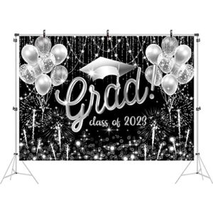 Ticuenicoa 7x5ft Silver Black Congrats Grad Backdrop for Photoshot Class of 2023 Congratulations Graduation Party Decor Silver Photography Background Prom Photo Booth Props Dessert Table Banner