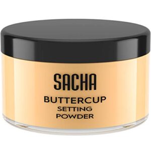 sacha buttercup setting powder. no ashy flashback. blurs fine lines and pores. loose, translucent face powder to set makeup foundation or concealer. for medium to dark skin tones, 1.25 oz.