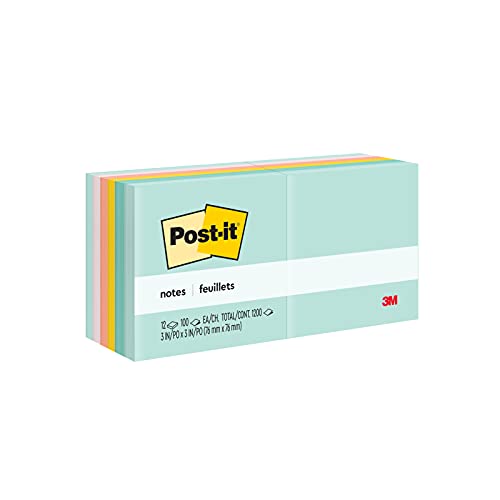 Post-it Notes, 3x3 in, 12 Pads, America's #1 Favorite Sticky Notes, Beachside Café Collection, Pastel Colors (654-5UC)