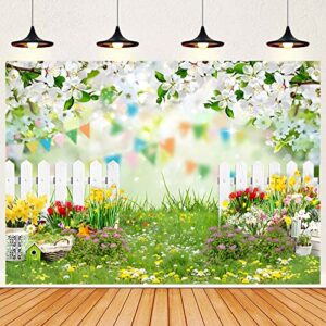 10x8ft spring forest flower backdrop, garden floral tree fence grassland photography background baby shower kids birthday party decor portrait banner photo booth studio props