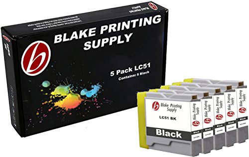 5 Black Blake Printing Supply LC51 Ink Cartridges for Brother DCP-130c DCP-330c DCP-350C Intellifax 1360 MFC-230C MFC-240C MFC-440CN MFC-465cn MFC-5460CN MFC-665CW MFC-685cw MFC-885cw