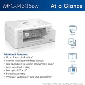 Brother INKvestment Tank MFC-J4335DW Wireless Color All-in-One Inkjet Printer - Print Copy Scan Fax - 20 ppm, 4800 x 1200 dpi, 8.5" x 11", Auto Duplex Printing, 20-Sheet ADF, Wulic Printer Cable