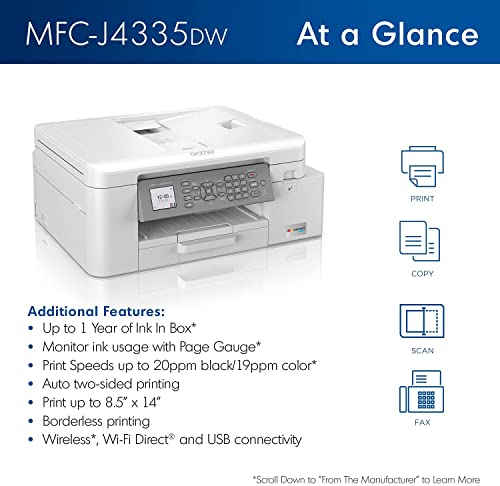 Brother INKvestment Tank MFC-J4335DW Wireless Color All-in-One Inkjet Printer - Print Copy Scan Fax - 20 ppm, 4800 x 1200 dpi, 8.5" x 11", Auto Duplex Printing, 20-Sheet ADF, Wulic Printer Cable