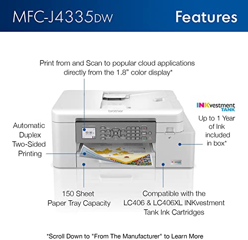 Brother INKvestment Tank MFC-J4335DW Wireless Color All-in-One Inkjet Printer - Print Copy Scan Fax - 20 ppm, 4800 x 1200 dpi, 8.5" x 11", Auto Duplex Printing, 20-Sheet ADF, Wulic Printer Cable