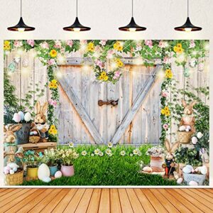 8x6ft easter spring backdrop, rustic wooden door wall bunny rabbit eggs flower greenery photography background baby shower kids birthday party decor portrait banner photo booth studio props
