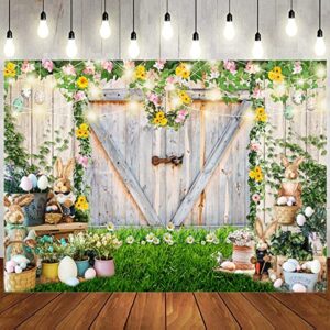 8x6ft Easter Spring Backdrop, Rustic Wooden Door Wall Bunny Rabbit Eggs Flower Greenery Photography Background Baby Shower Kids Birthday Party Decor Portrait Banner Photo Booth Studio Props