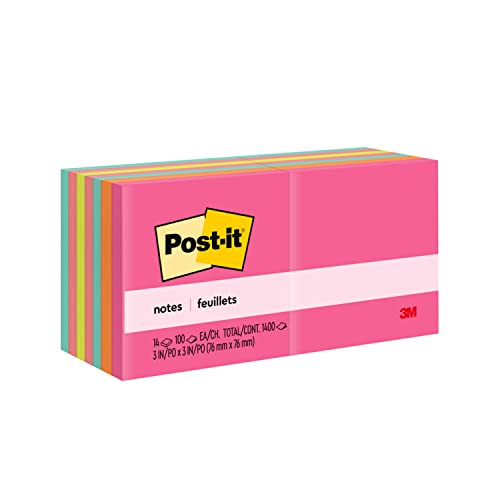 Post-it Notes, 3x3 in, 14 Pads, America's #1 Favorite Sticky Notes, Poptimistic Collection, Bright Colors (Acid Lime, Aqua Splash, Guava, Neon Green, Power Pink, Vital Orange)Recyclable (654-14AN)