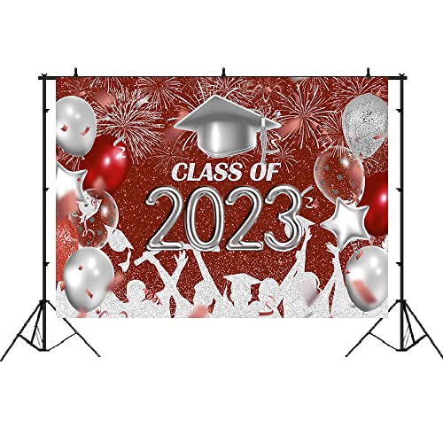 Lofaris Class of 2023 Party Backdrop Red and Silver Congrats Grad Graduation Caps Photography Background Celebration Graduation Prom Party Decor Supplies Photo Booth Banner 7x5ft