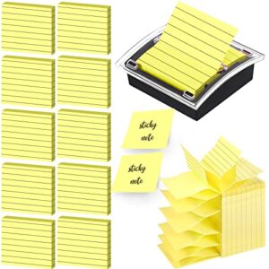 10 pads lined post notes with pop up sticky note dispenser holder 3×3 inch clear top black base, self stick notes with lines adhesive ruled memo pads refills, 100 sheets/pad