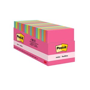post-it notes, 3×3 in, 18 pads, america’s #1 favorite sticky notes, poptimistic collection, bright colors (magenta, pink, blue, green), clean removal, recyclable (654-18ctcp)