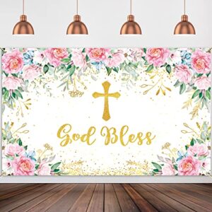 god bless backdrop baptism first holy communion banner mi bautizo baby shower party decorations christening ceremony newborn banner flowers leaves floral photography background decor supplies