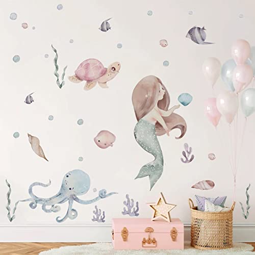 Dreamy Ocean Wall Stickers Sweet Pastel Mermaid Wall Decals Mermaid Themed Girls Rooms Baby Nursery Decor Marine Baby Room Wall Decor