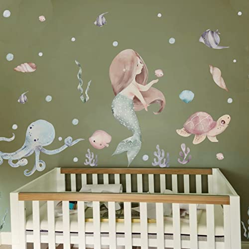 Dreamy Ocean Wall Stickers Sweet Pastel Mermaid Wall Decals Mermaid Themed Girls Rooms Baby Nursery Decor Marine Baby Room Wall Decor