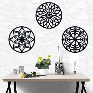duooln 11″ metal sacred geometry wall art 3 pcs set, round abstract lotus flower wall decor artwork, suitable for home indoor and outdoor and yoga studio decoration(black)
