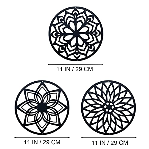 DUOOLN 11" Metal Sacred Geometry Wall Art 3 PCS Set, Round Abstract Lotus Flower Wall Decor Artwork, Suitable for Home Indoor and Outdoor and Yoga Studio Decoration(Black)