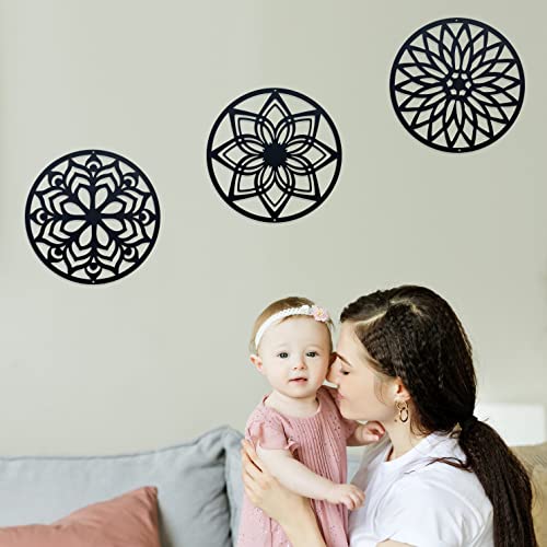 DUOOLN 11" Metal Sacred Geometry Wall Art 3 PCS Set, Round Abstract Lotus Flower Wall Decor Artwork, Suitable for Home Indoor and Outdoor and Yoga Studio Decoration(Black)