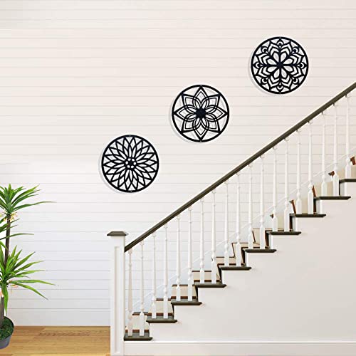 DUOOLN 11" Metal Sacred Geometry Wall Art 3 PCS Set, Round Abstract Lotus Flower Wall Decor Artwork, Suitable for Home Indoor and Outdoor and Yoga Studio Decoration(Black)