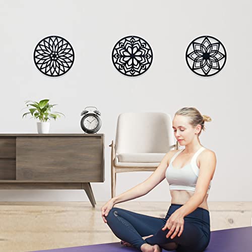 DUOOLN 11" Metal Sacred Geometry Wall Art 3 PCS Set, Round Abstract Lotus Flower Wall Decor Artwork, Suitable for Home Indoor and Outdoor and Yoga Studio Decoration(Black)