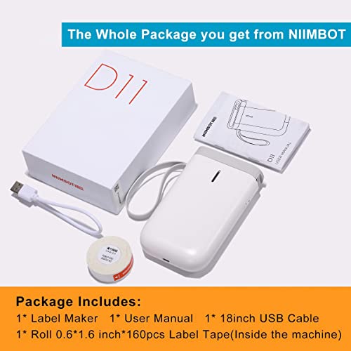 NIIMBOT Label Maker Machine Tape Included D11 Portable Wireless Connection Label Printer Multiple Templates Available for Phone Pad Easy to Use Office Home Organization USB Rechargeable (White)