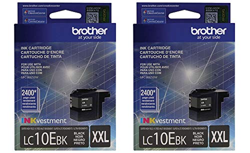 Brother Genuine Super High Yield Black Ink Cartridge 2-Pack, LC10EBK, Replacement Black Ink, Page Yield Up to 2,400 Pages Each, LC10E