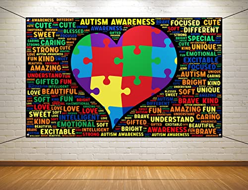 Nepnuser Autism Awareness Photo Booth Backdrop Puzzle Piece Love Heart April Decoration Be Kind Indoor Outdoor Wall Decor-5.9×3.6ft