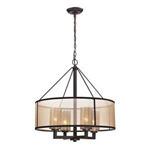 elk home diffusion modern 4-light chandelier-oiled bronze metal, beige organza fabric and mercury glass shade, w24 x d24 x h25 inch, mid-century modern, luxe glam, led and dimmer compatible