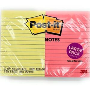 Post-it Notes, 4 x 6 Inches, 1000 Sheets, Assorted Colors, 10 Pads