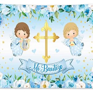 Funnytree 118" x 95" Mi Bautizo Backdrop God Bless First Holy Communion Baptism Christening Boy Party Supplies Baby Shower Angel Flower Background Banner Decor Favors Photobooth Props Gifts Fabric