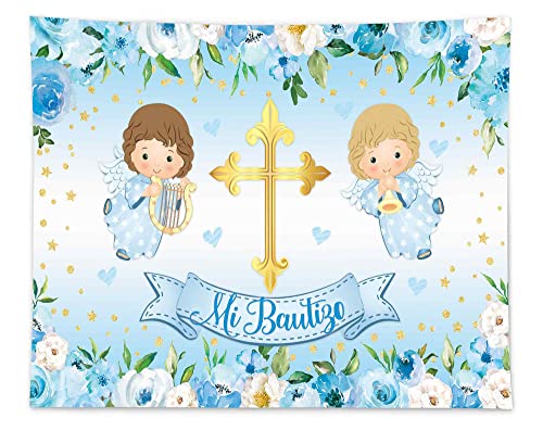 Funnytree 118" x 95" Mi Bautizo Backdrop God Bless First Holy Communion Baptism Christening Boy Party Supplies Baby Shower Angel Flower Background Banner Decor Favors Photobooth Props Gifts Fabric