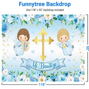 Funnytree 118" x 95" Mi Bautizo Backdrop God Bless First Holy Communion Baptism Christening Boy Party Supplies Baby Shower Angel Flower Background Banner Decor Favors Photobooth Props Gifts Fabric