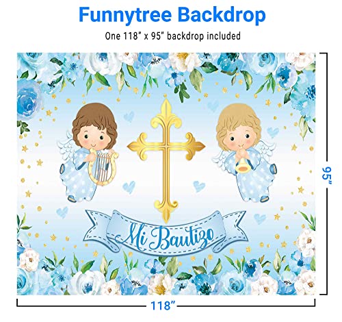 Funnytree 118" x 95" Mi Bautizo Backdrop God Bless First Holy Communion Baptism Christening Boy Party Supplies Baby Shower Angel Flower Background Banner Decor Favors Photobooth Props Gifts Fabric