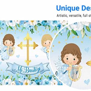 Funnytree 118" x 95" Mi Bautizo Backdrop God Bless First Holy Communion Baptism Christening Boy Party Supplies Baby Shower Angel Flower Background Banner Decor Favors Photobooth Props Gifts Fabric