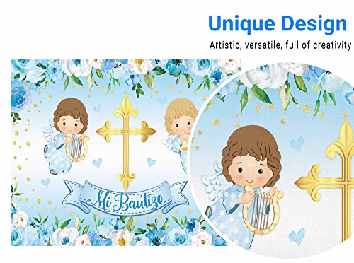 Funnytree 118" x 95" Mi Bautizo Backdrop God Bless First Holy Communion Baptism Christening Boy Party Supplies Baby Shower Angel Flower Background Banner Decor Favors Photobooth Props Gifts Fabric