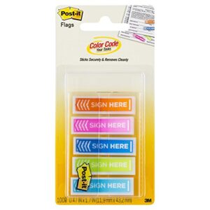 post-it printed flags,”sign here”, 100 flags/dispenser, 1 dispenser/pack.47 in wide, assorted colors (684-sh-opbla)