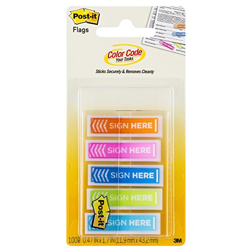 Post-it Printed Flags,"Sign Here", 100 Flags/Dispenser, 1 Dispenser/Pack.47 in Wide, Assorted Colors (684-SH-OPBLA)