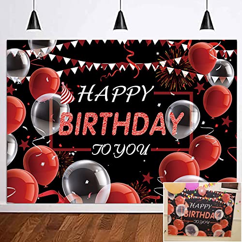 VOUORON Happy Birthday Photography Backdrop Red and Black Balloon Confetti Birthday Decor Photo Background for Kids Men Women Anniversary Birthday Party Banner Supplies 7x5FT