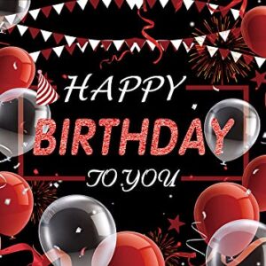 VOUORON Happy Birthday Photography Backdrop Red and Black Balloon Confetti Birthday Decor Photo Background for Kids Men Women Anniversary Birthday Party Banner Supplies 7x5FT