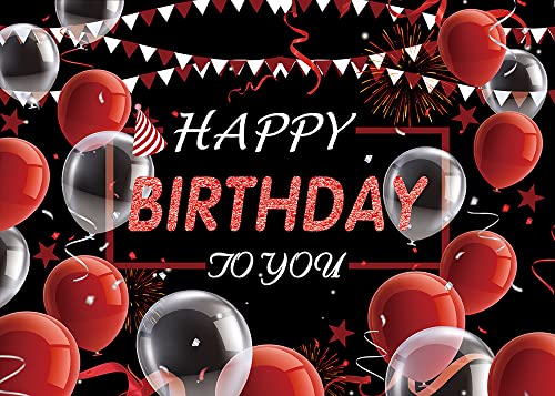 VOUORON Happy Birthday Photography Backdrop Red and Black Balloon Confetti Birthday Decor Photo Background for Kids Men Women Anniversary Birthday Party Banner Supplies 7x5FT