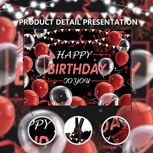 VOUORON Happy Birthday Photography Backdrop Red and Black Balloon Confetti Birthday Decor Photo Background for Kids Men Women Anniversary Birthday Party Banner Supplies 7x5FT