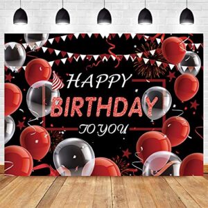 VOUORON Happy Birthday Photography Backdrop Red and Black Balloon Confetti Birthday Decor Photo Background for Kids Men Women Anniversary Birthday Party Banner Supplies 7x5FT