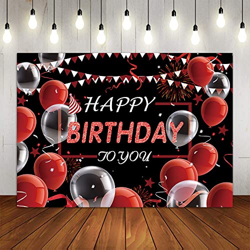 VOUORON Happy Birthday Photography Backdrop Red and Black Balloon Confetti Birthday Decor Photo Background for Kids Men Women Anniversary Birthday Party Banner Supplies 7x5FT