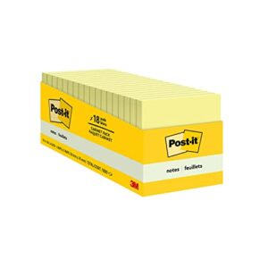 post-it notes 3 in x 3 in, 18 pads, america’s’s #1 favorite sticky notes, canary yellow, clean removal, recyclable (654-18cp)