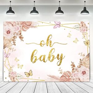 ufeela oh baby pink floral backdrop 7wx5h feet fabric polyester baby shower for girl plant pampas grass with gold purple butterfly newborn photography background banner photo shoot decor props