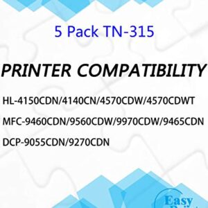 EASYPRINT (5-Pack, high Yield) Compatible TN-310 TN-315 Toner Cartridge TN310 TN315 Used for Brother HL-4140CN/4150CDN/4570CDWT, MFC-9460CDN/9560CDN/9970CDN,DCP-9055CDN/9270CDN, (2xBK, 1xC, 1xM, 1xY)