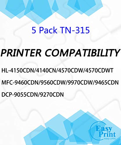 EASYPRINT (5-Pack, high Yield) Compatible TN-310 TN-315 Toner Cartridge TN310 TN315 Used for Brother HL-4140CN/4150CDN/4570CDWT, MFC-9460CDN/9560CDN/9970CDN,DCP-9055CDN/9270CDN, (2xBK, 1xC, 1xM, 1xY)