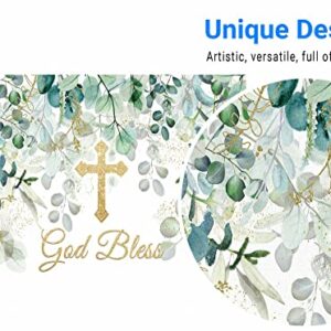 Funnytree 118" x 95" God Bless Backdrop Baptism Party First Holy Communion Christening Banner Decor Forest Leaves Baby Shower Photography Background Favors Gifts Supplies Photo Booth Props