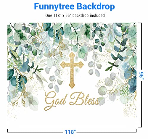 Funnytree 118" x 95" God Bless Backdrop Baptism Party First Holy Communion Christening Banner Decor Forest Leaves Baby Shower Photography Background Favors Gifts Supplies Photo Booth Props